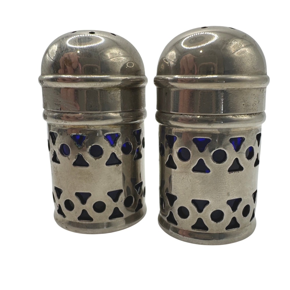 Vintage EPNS Made in England Cobalt Blue Glass Salt and Pepper Shakers Set